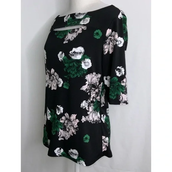 Carmen Marc Valvo Black Green White Floral 1/2 Sleeve Stretchy Blouse M - Picture 5 of 10